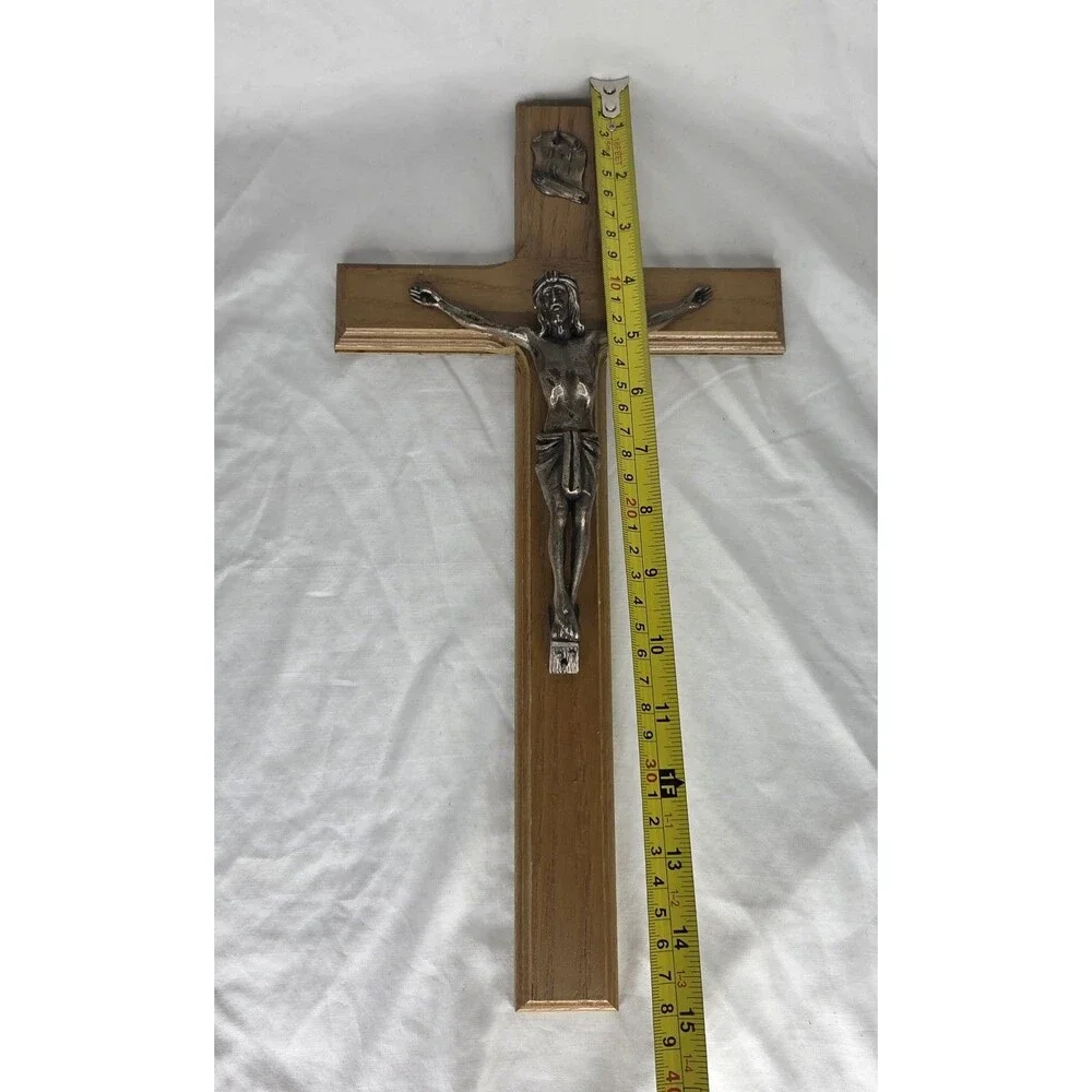 Vintage Wood & Brass Catholic Cross Crucifix INRI Wall Hanging Religious 15''